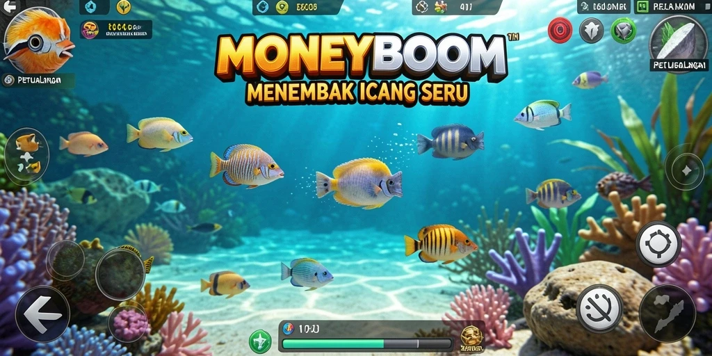 Screenshot gameplay MONEYBOOM menampilkan aksi menembak ikan yang seru.