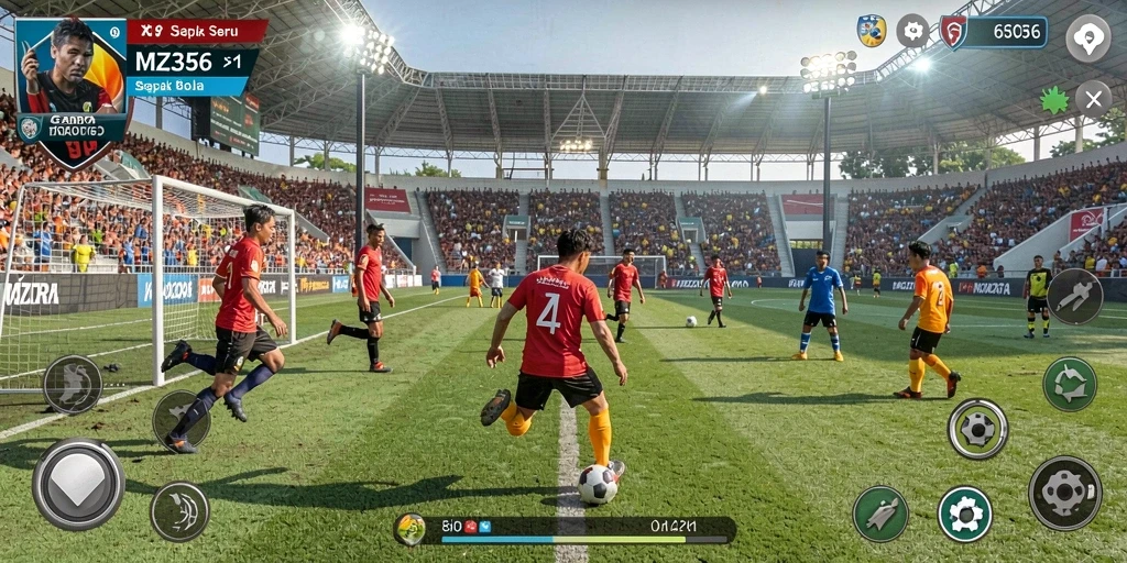 Tampilan gameplay MZ356 yang dinamis dan seru saat pertandingan sepak bola.