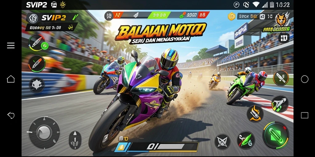 Screenshot utama SVIP2 menampilkan aksi balapan motor yang intens.